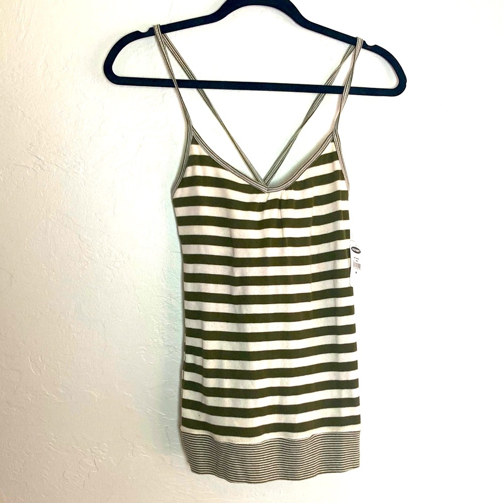 NWT Old Navy Olive Green & Cream Striped Built In Bra Tank M